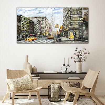 New York street in yellow cabs Wall art on glass