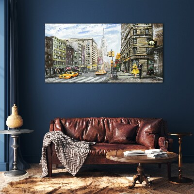 New York street in yellow cabs Wall art on glass