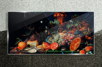 Still life of fruits and oysters Glass Print