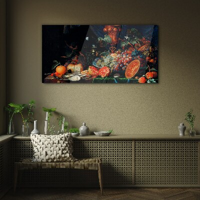 Still life with fruit and shells Glass art print