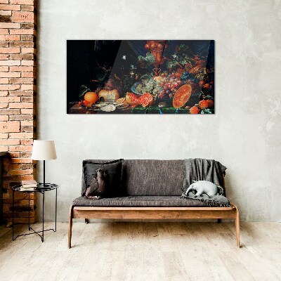 Still life with fruit and shells Glass art print