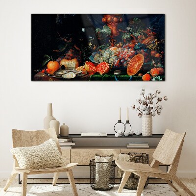 Still life with fruit and shells Glass art print