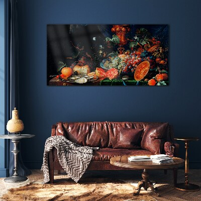 Still life of fruits and oysters Glass Print