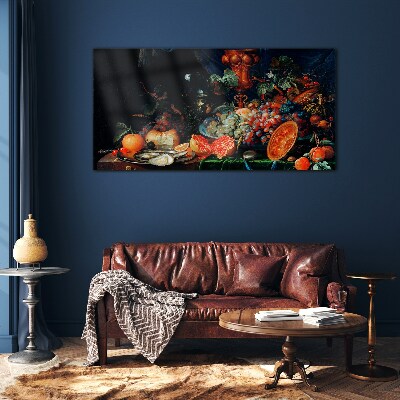 Still life with fruit and shells Glass art print