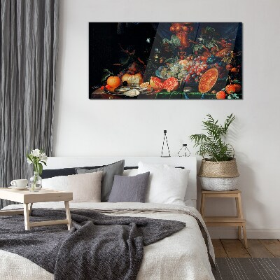 Still life with fruit and shells Glass art print