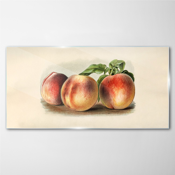 Three peaches on a white background Glass art print