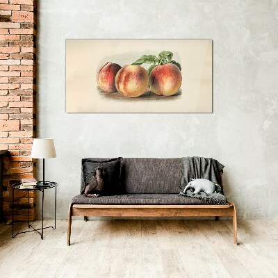 Three peaches on a white background Glass art print