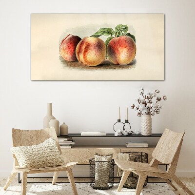Three peaches on a white background Glass art print