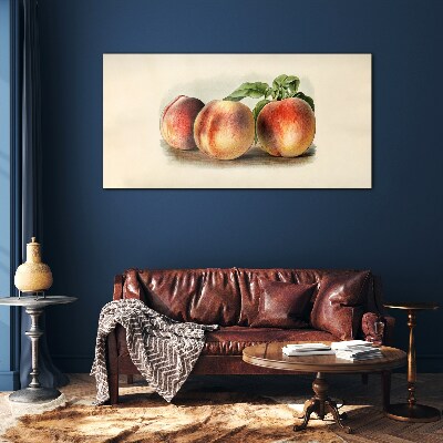 Three peaches on a white background Glass art print