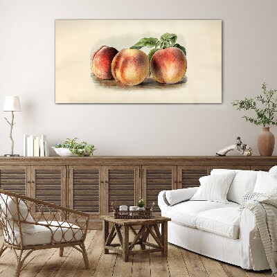 Three peaches on a white background Glass art print