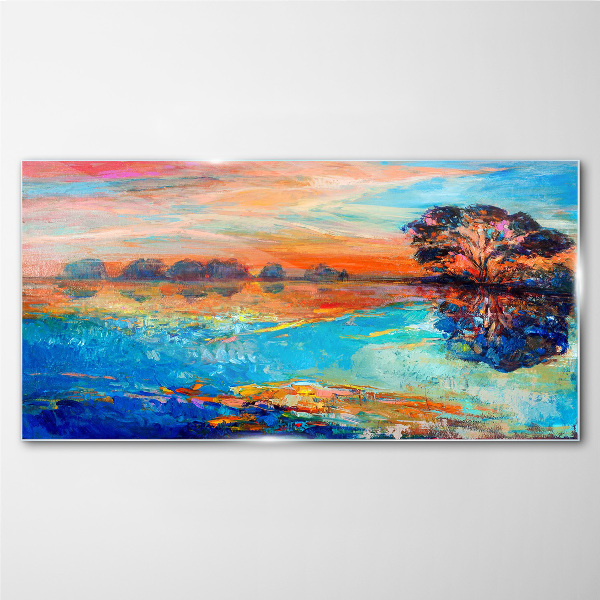Sunset over the lake Wall art on glass