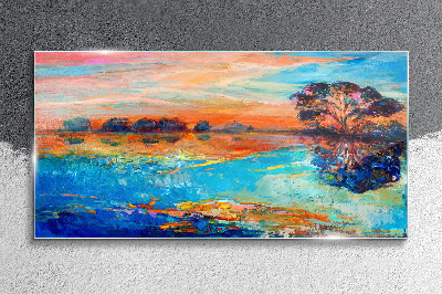 Sunset over the lake Wall art on glass