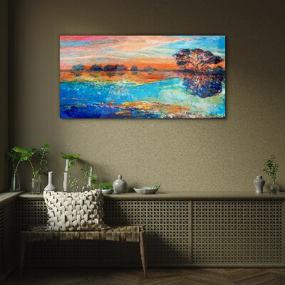 Sunset over the lake Wall art on glass