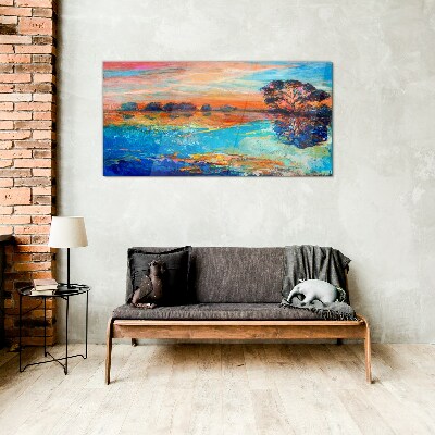 Sunset over the lake Wall art on glass