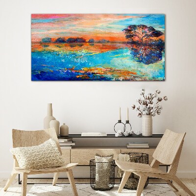 Sunset over the lake Wall art on glass