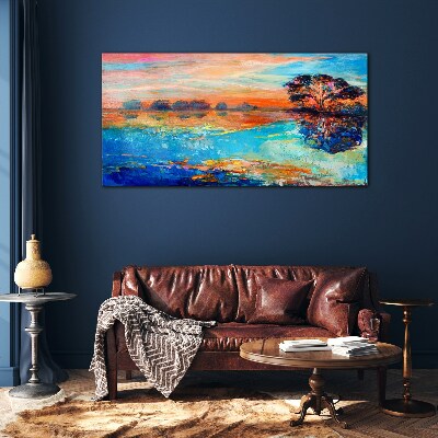 Sunset over the lake Wall art on glass