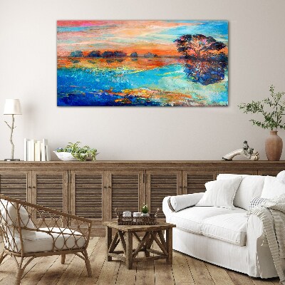 Sunset over the lake Wall art on glass