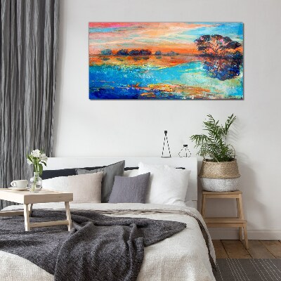 Sunset over the lake Wall art on glass