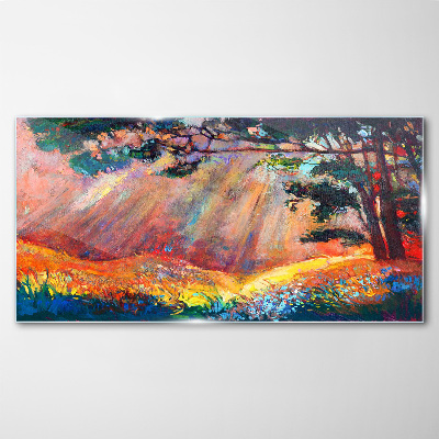Golden rays in the summer landscape Glass art print