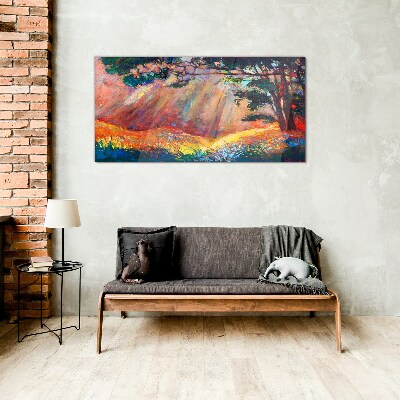 Golden rays in the summer landscape Glass art print