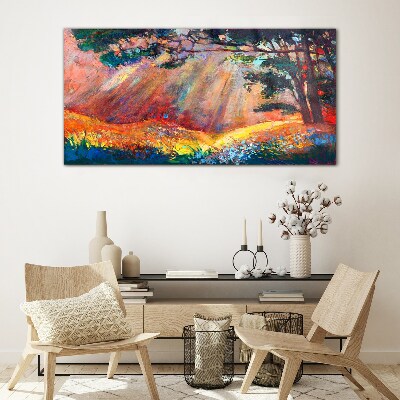 Golden rays in the summer landscape Glass art print