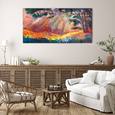 Golden rays in the summer landscape Glass art print