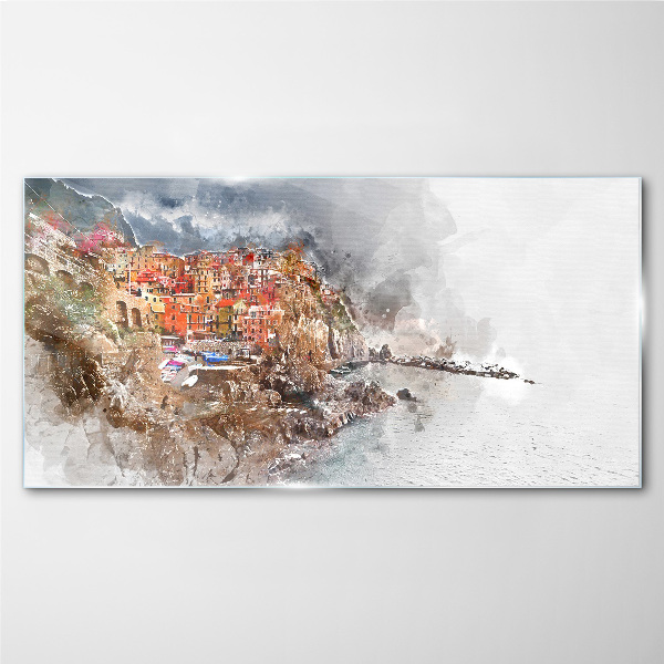 A colorful town by the sea Glass art print
