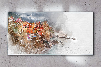 A colorful town by the sea Glass art print