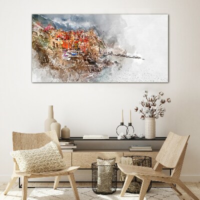 A colorful town by the sea Glass art print
