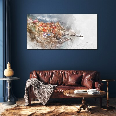 A colorful town by the sea Glass art print