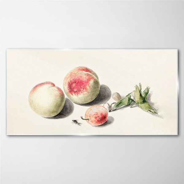 Juicy peaches on a light background Glass art print