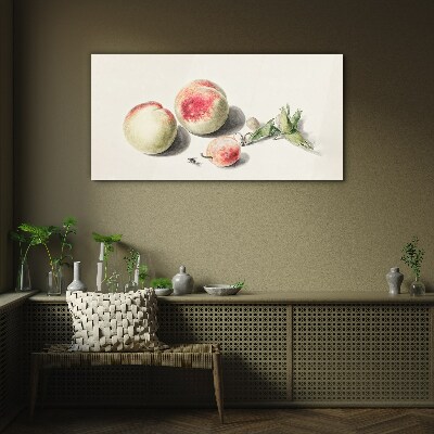 Juicy peaches on a light background Glass art print