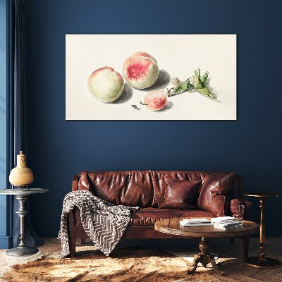 Juicy peaches on a light background Glass art print
