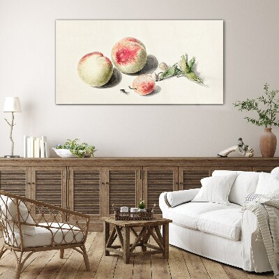 Juicy peaches on a light background Glass art print