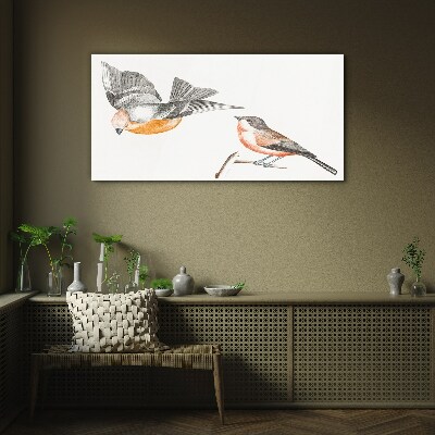 Birds in flight and on a branch Glass art print