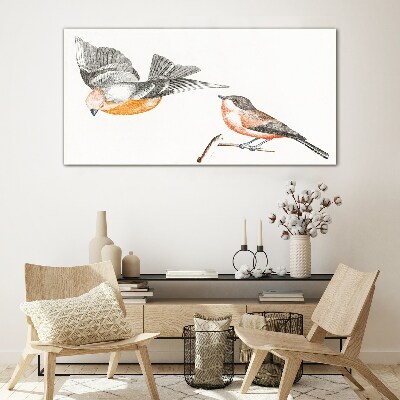 Birds in flight and on a branch Glass art print