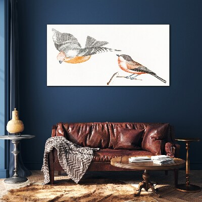 Birds in flight and on a branch Glass art print