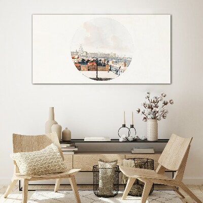 City view with a circular frame Glass art print