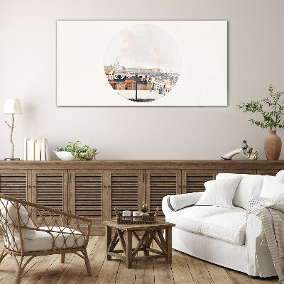 City view with a circular frame Glass art print