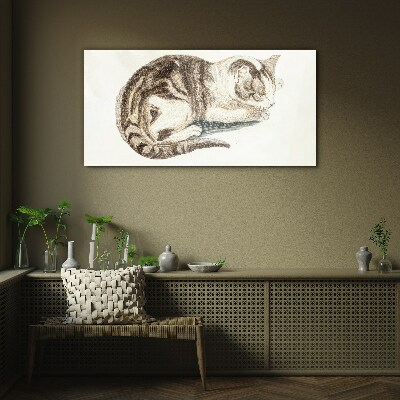 Sleepy cat on white background Wall art on glass