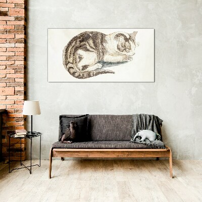 Sleepy cat on white background Wall art on glass