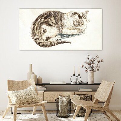 Sleepy cat on white background Wall art on glass
