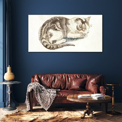 Sleepy cat on white background Wall art on glass