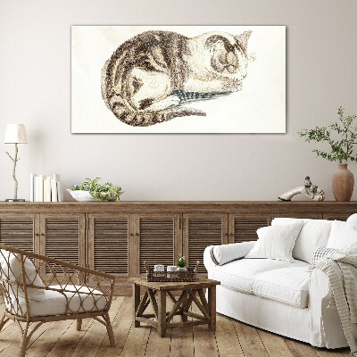 Sleepy cat on white background Wall art on glass