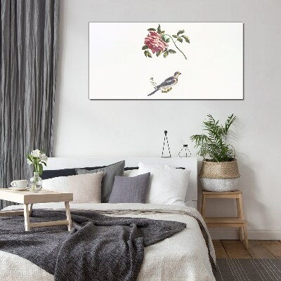 Rose and bird on a white background Glass art print