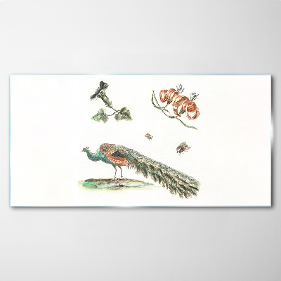 Peacock among flowers and insects Wall art on glass