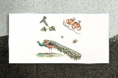 Peacock among flowers and insects Wall art on glass