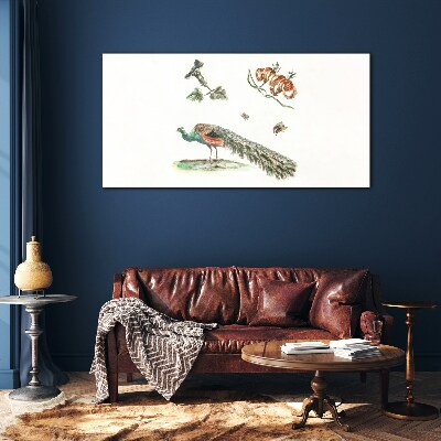 Peacock among flowers and insects Wall art on glass