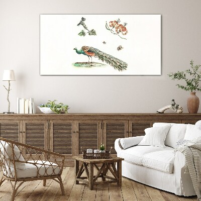 Peacock among flowers and insects Wall art on glass