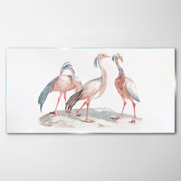 Three pink flamingos on a white background Wall art on glass
